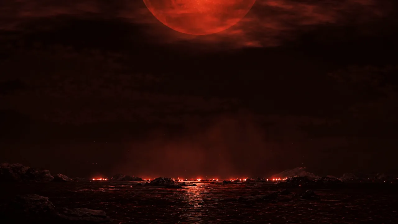 Musashi floating in glowing red water beneath a blood-red moon in the afterlife