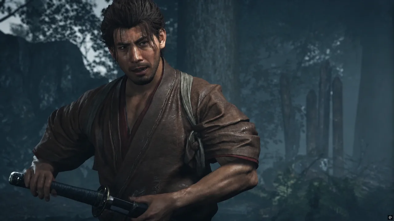 Musashi and Sasaki Ganryu drawing their swords against each other in a dark forest