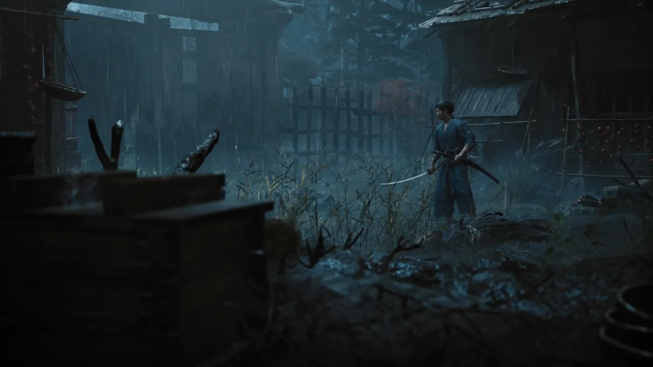 Musashi fighting Yoshioka swordsmen on a rain-soaked wooden bridge at night