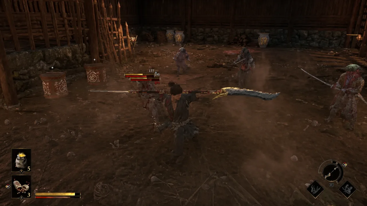 Musashi swinging the double-bladed Wind-Whipper naginata into a group of surrounding enemies