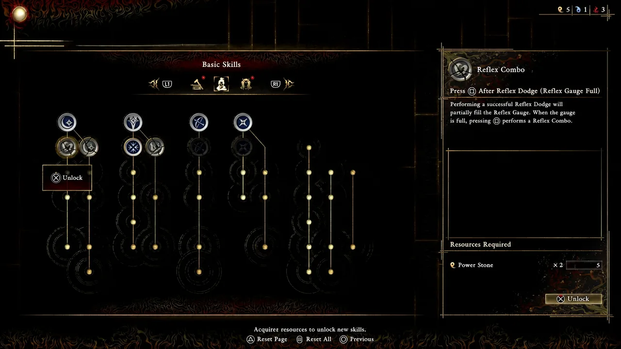 Basic Skills tree with Reflex Combo selected and the Unlock button highlighted