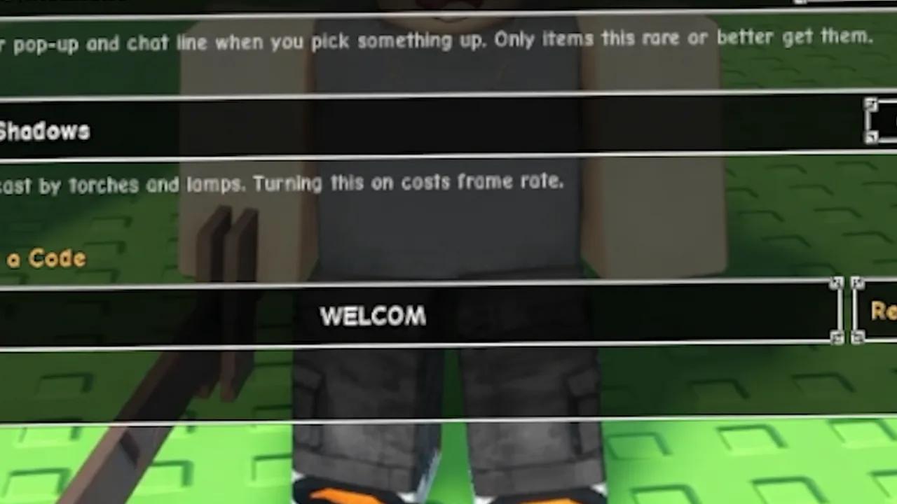 Settings panel with WELCOME typed into the Redeem a Code text box