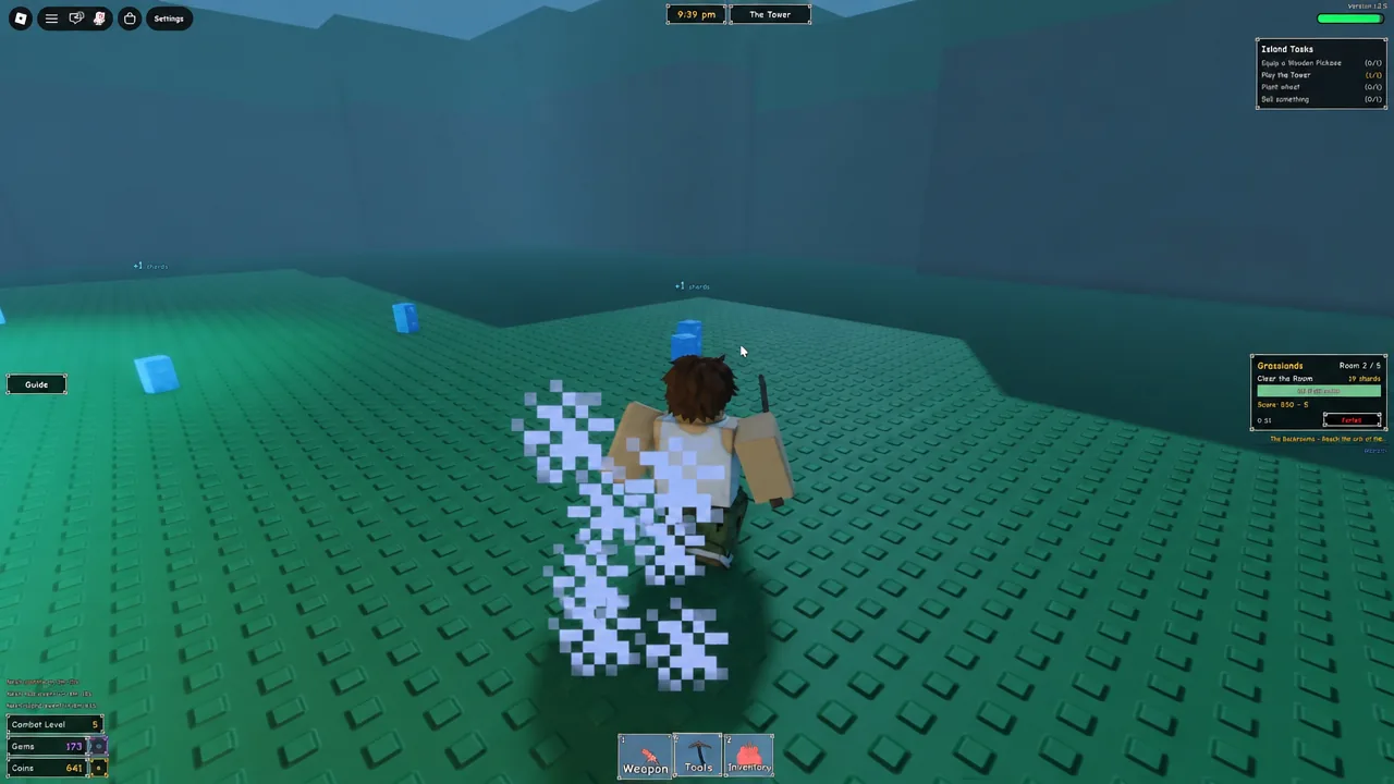 Player crossing a tower platform with the Weapon slot active on the hotbar