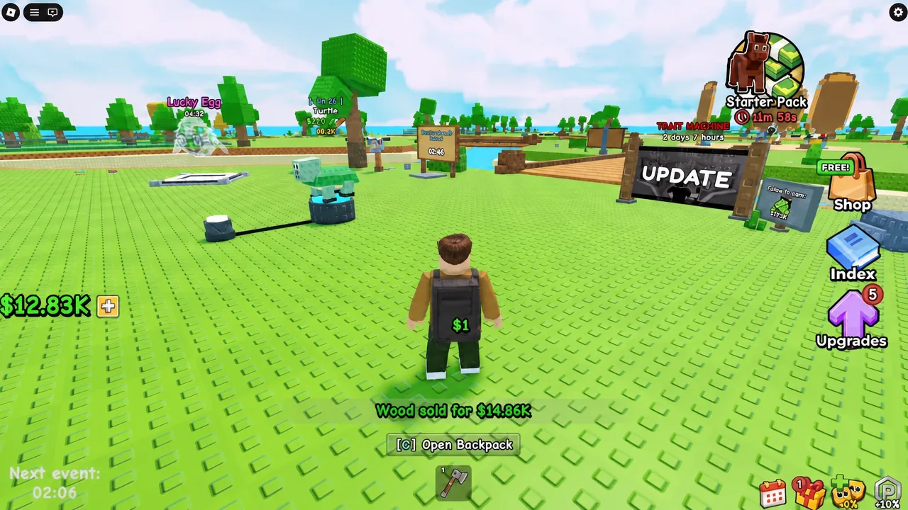 Early game base in My Timber Pets with a low-tier pet chopping trees on the starting island
