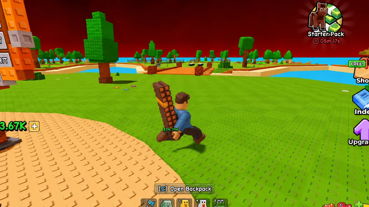 The [C] Open Backpack prompt on screen as the player walks across their base