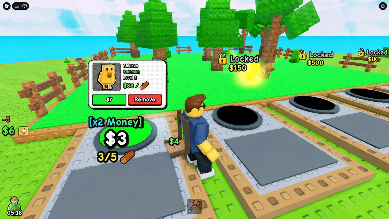 Early upgrade tree in My Timber Pets showing Luck, Chop Time and Storage options