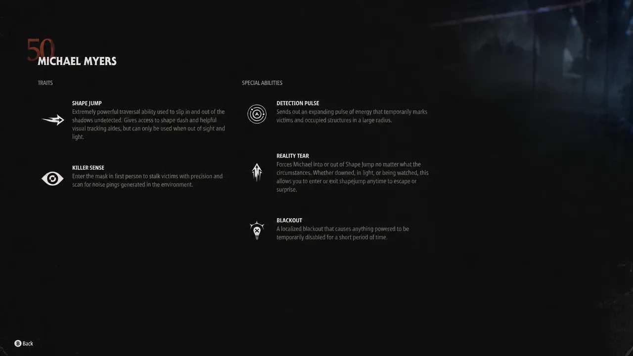Michael Myers loadout screen listing the Shape Jump and Killer Sense traits above three ability slots