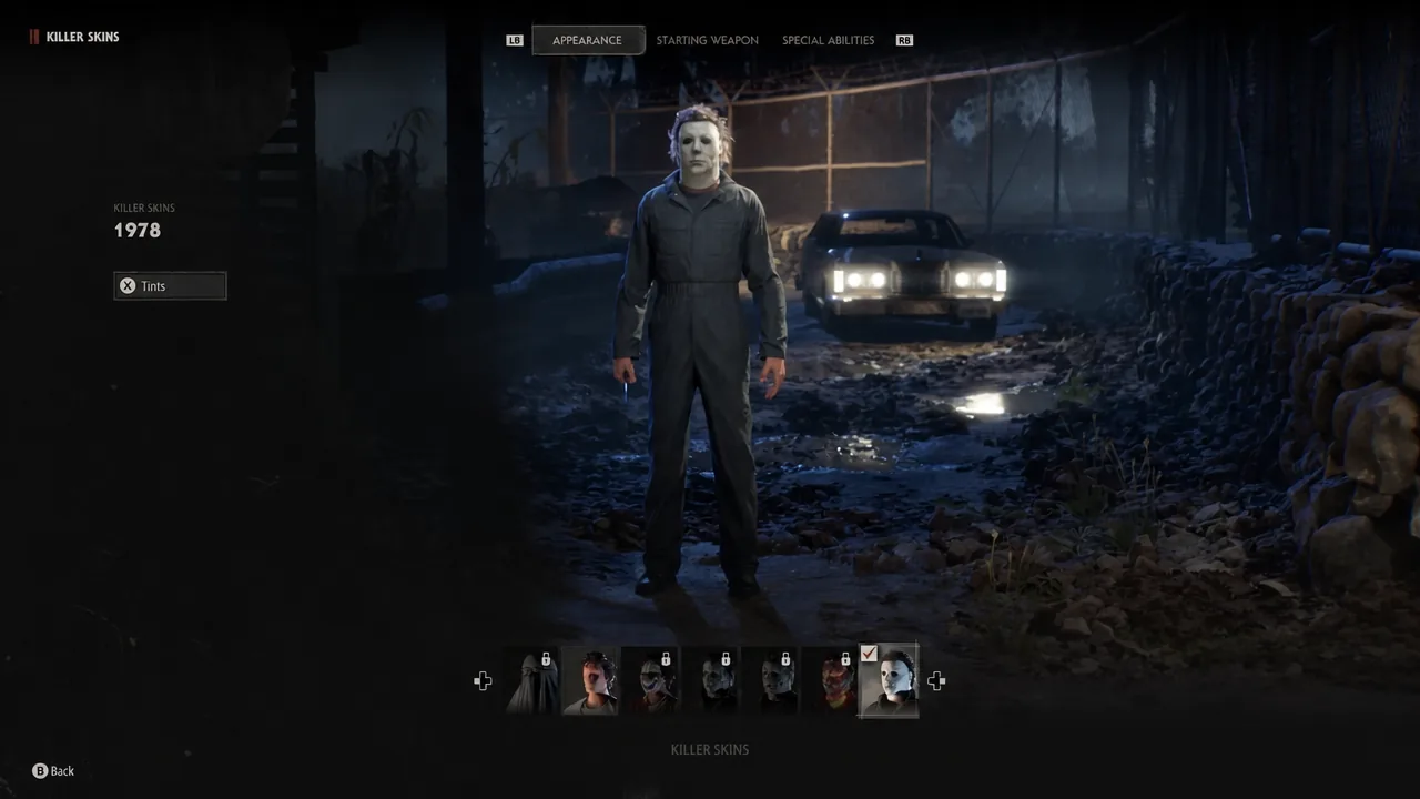Killer Skins menu open on the Appearance tab with the 1978 mask selected and Tints available