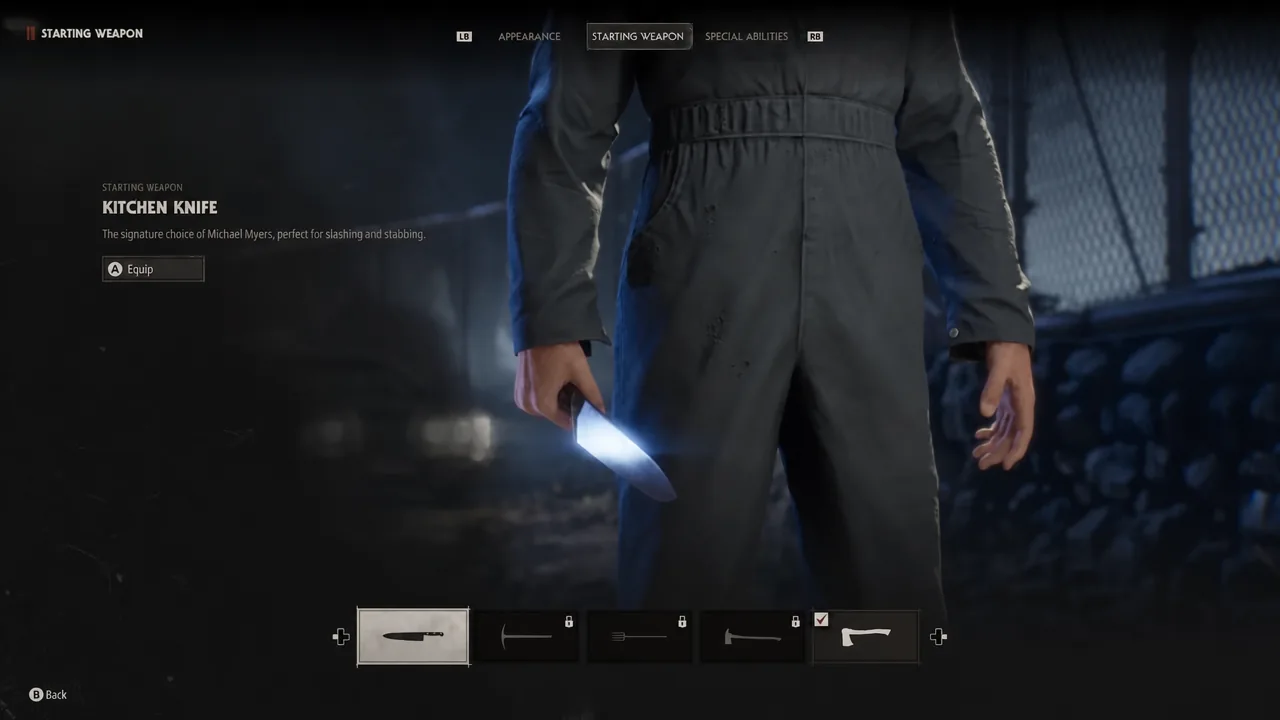 Starting Weapon selection screen with the Kitchen Knife highlighted and an Equip prompt