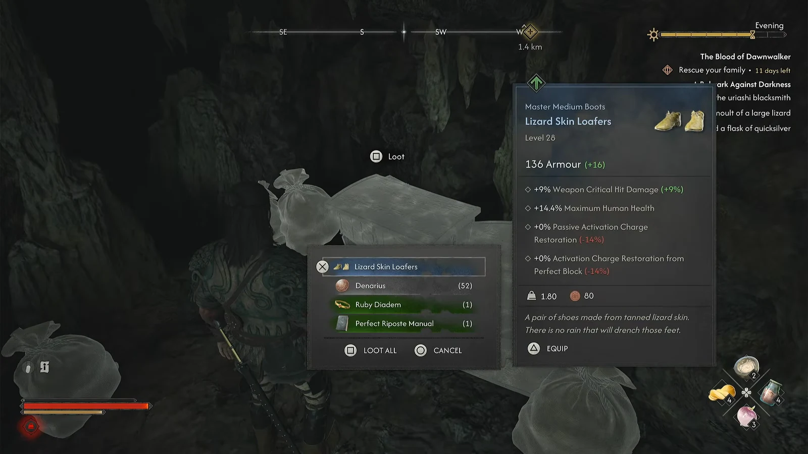 Loot window showing the stats for the Lizard Skin Loafers