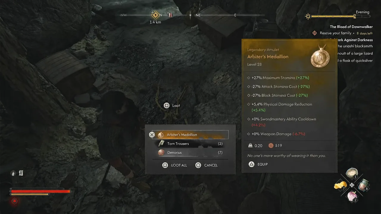 Loot screen showing the Arbiter's Medallion legendary amulet and its stats