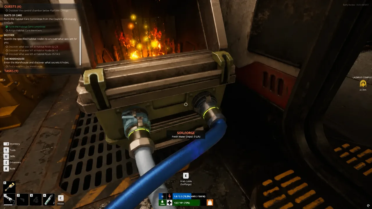 Soilforge highlighted in-game showing its fresh water input status and the F prompt to grab a cable.