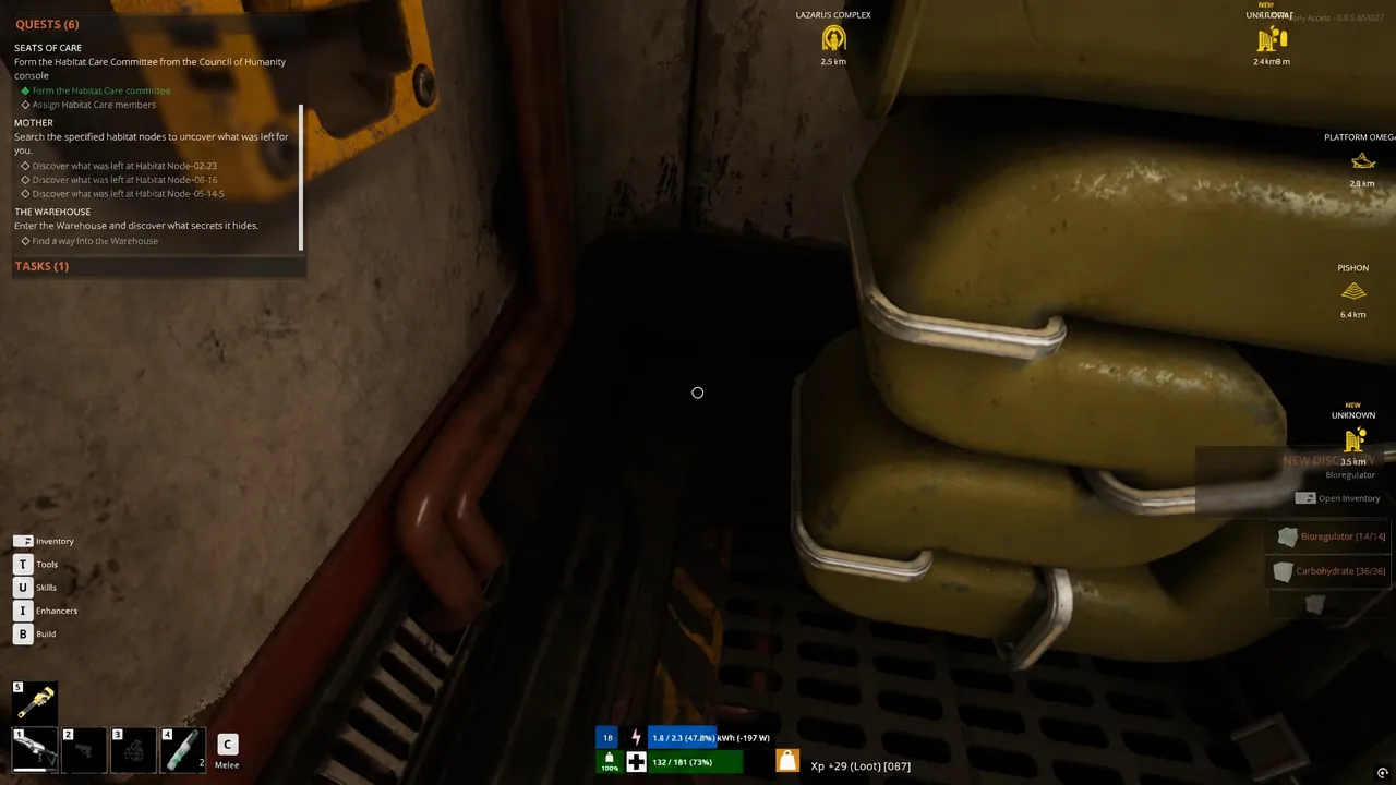 Active quest list open on screen while the player searches a warehouse interior for salvage.