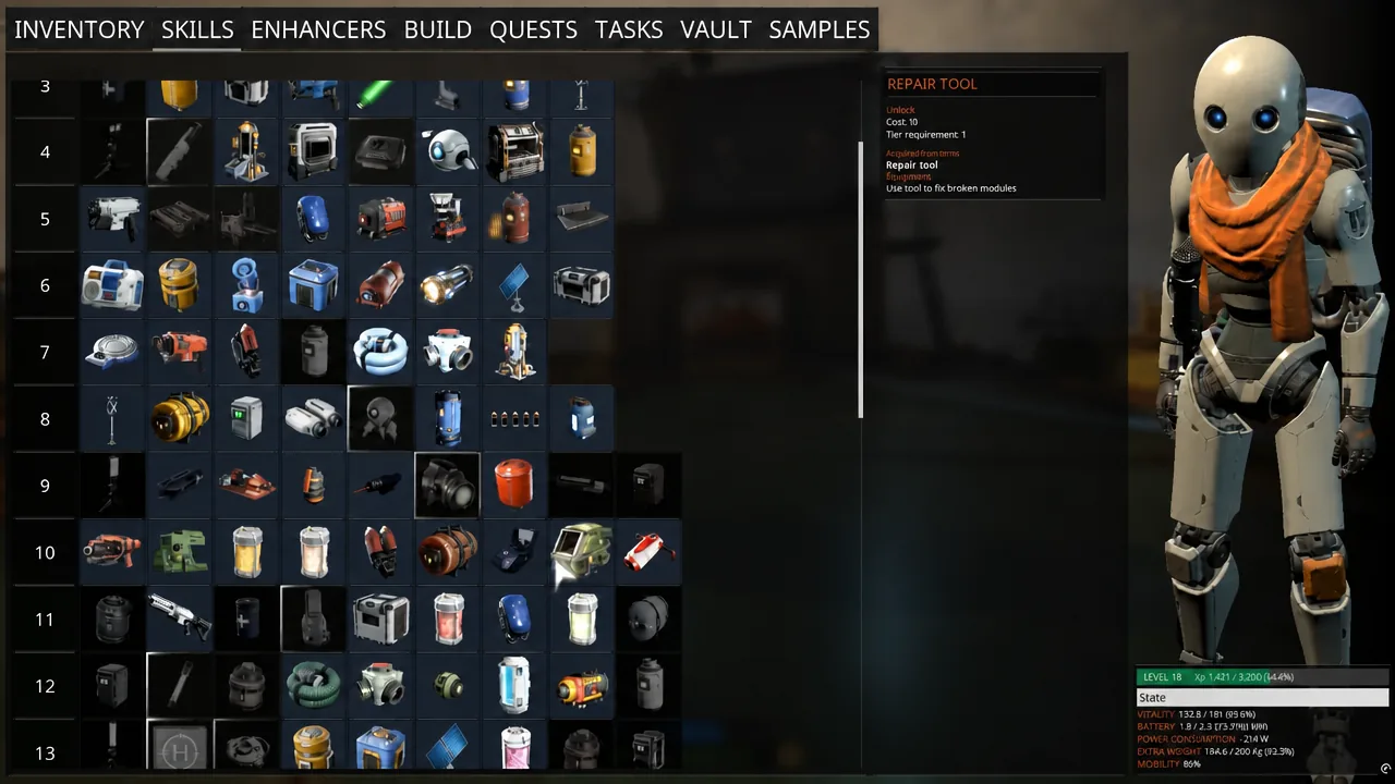 Item detail panel showing an entry's unlock requirements and description in the menu.