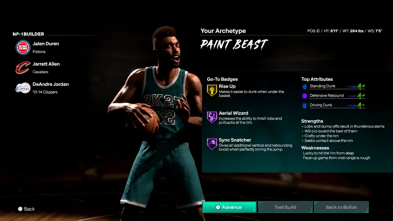 Your Archetype confirmation screen in NBA 2K27 showing a Paint Beast build with Advance highlighted