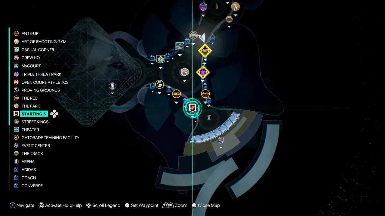 City map destination menu in NBA 2K27 with STARTING 5 highlighted in the sidebar