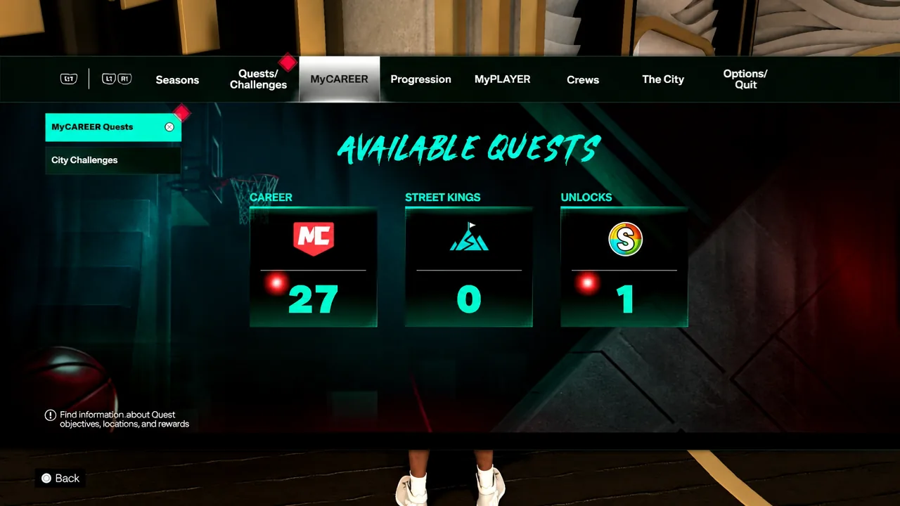 Available Quests menu in NBA 2K27 with MyCAREER Quests highlighted alongside Career, Street Kings and Unlocks progress