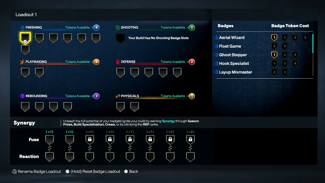 NBA 2K27 badge loadout screen with the first Finishing slot selected and Aerial Wizard highlighted