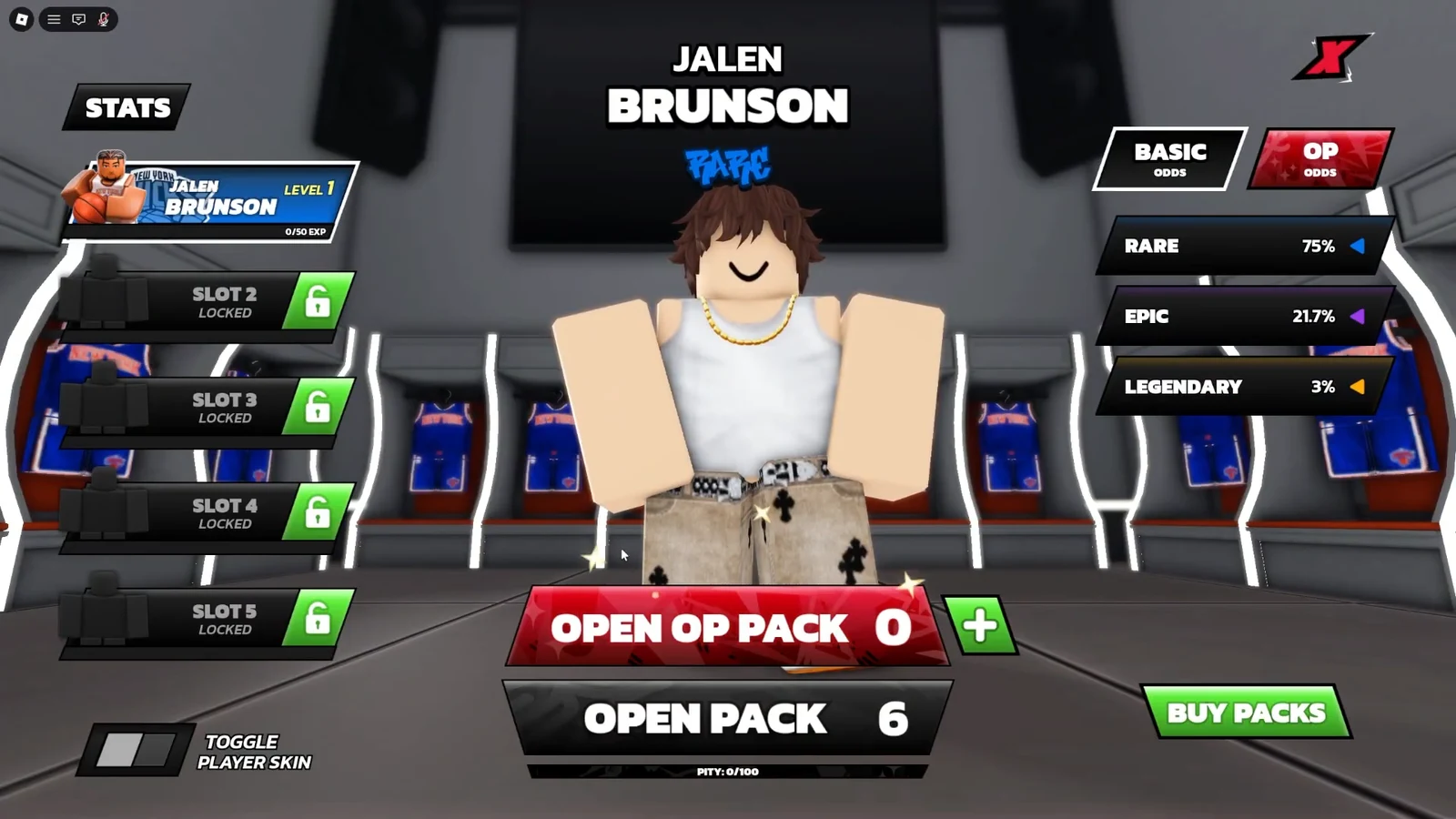 Pack opening screen showing a Jalen Brunson pull with OP pack and standard pack buttons