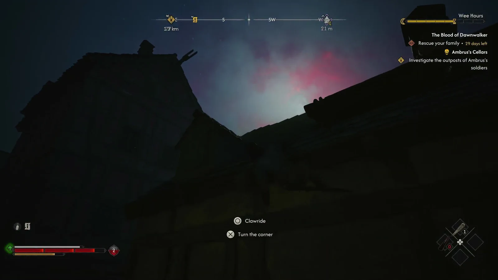 Clawride prompt appears on a rooftop corner in Svartrau City at night
