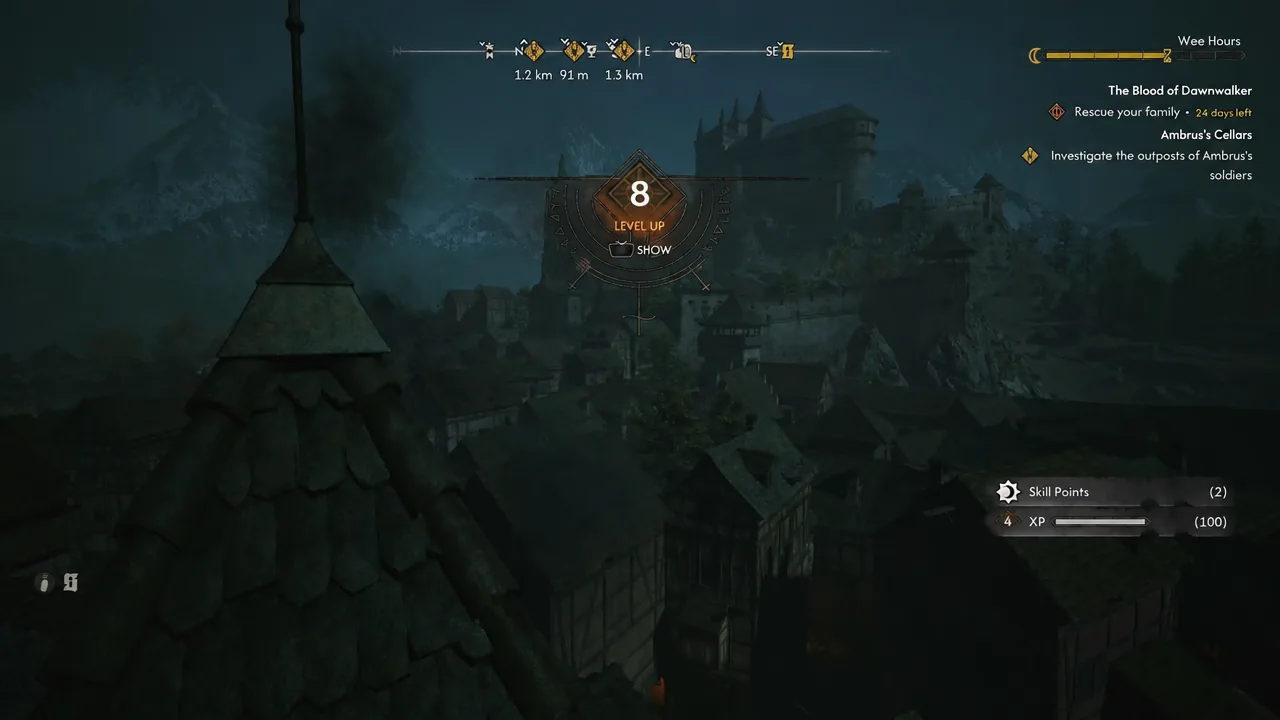 Level up overlay with a prompt to open the level-up screen after finishing the viewpoint
