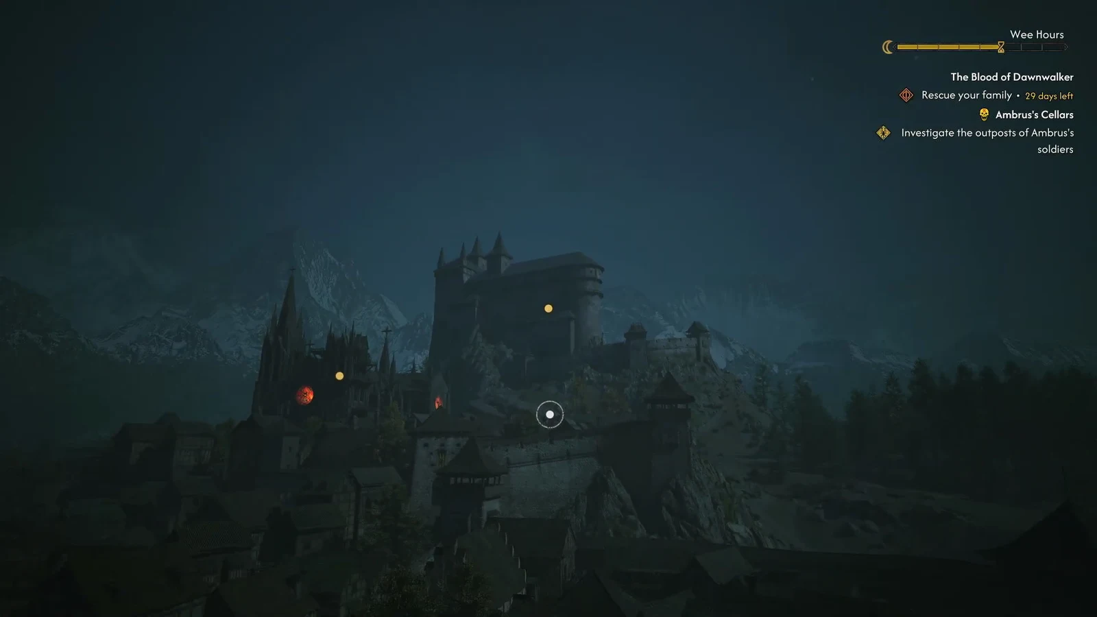 Surveying a distant fortified settlement at night with quest objectives on screen