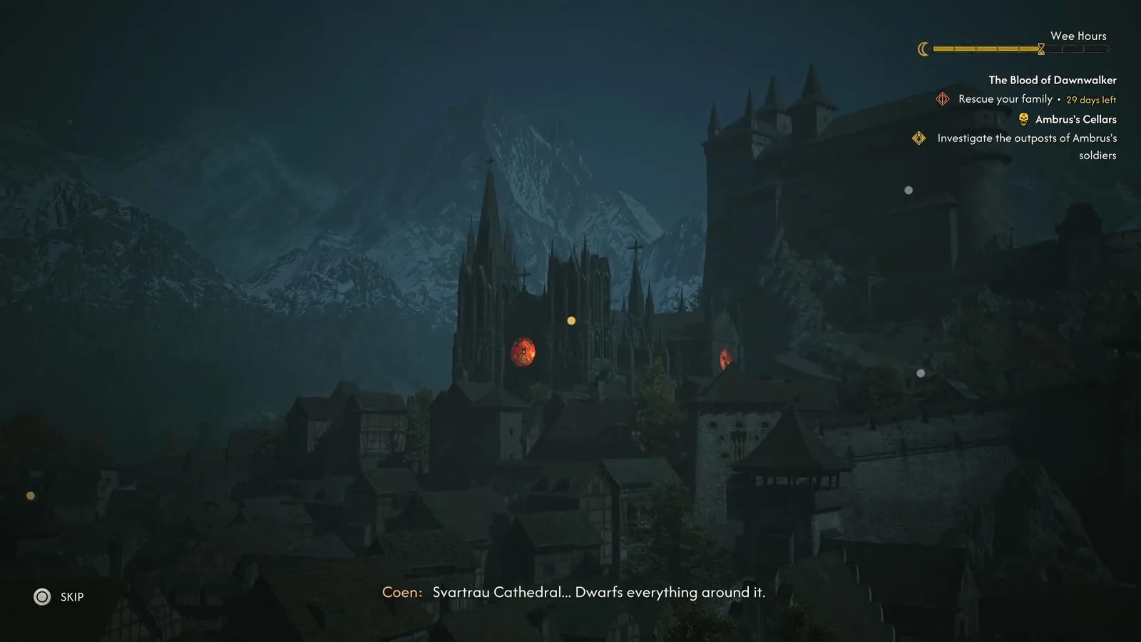 Night view of Svartrau Cathedral from the tower peak as Coen remarks on its size