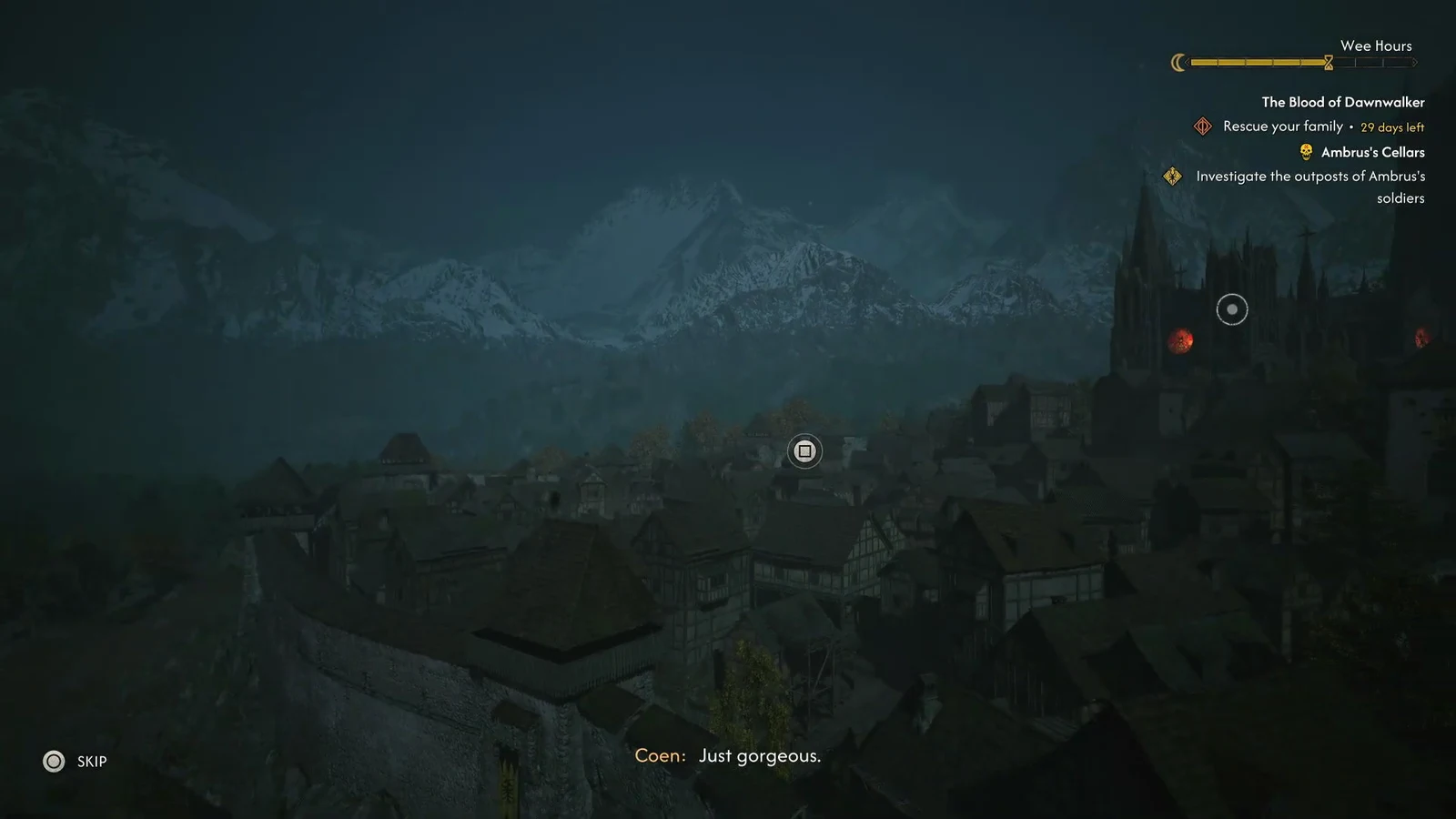 Coen narrates the night-time city sweep with a skip prompt in the corner