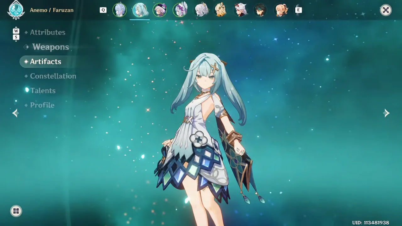 Faruzan's character screen with the Artifacts tab selected to check her equipped set
