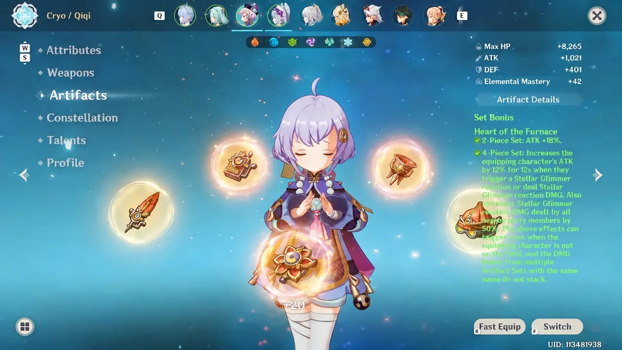 Qiqi's character screen with the Artifacts tab open, showing her equipped set and its set bonus details