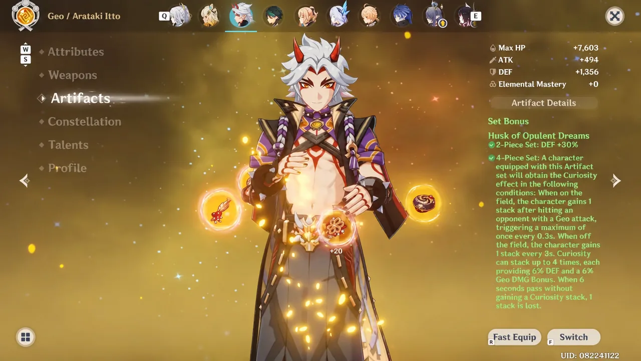 Artifacts tab showing Arataki Itto's equipped pieces and the Husk of Opulent Dreams set bonus