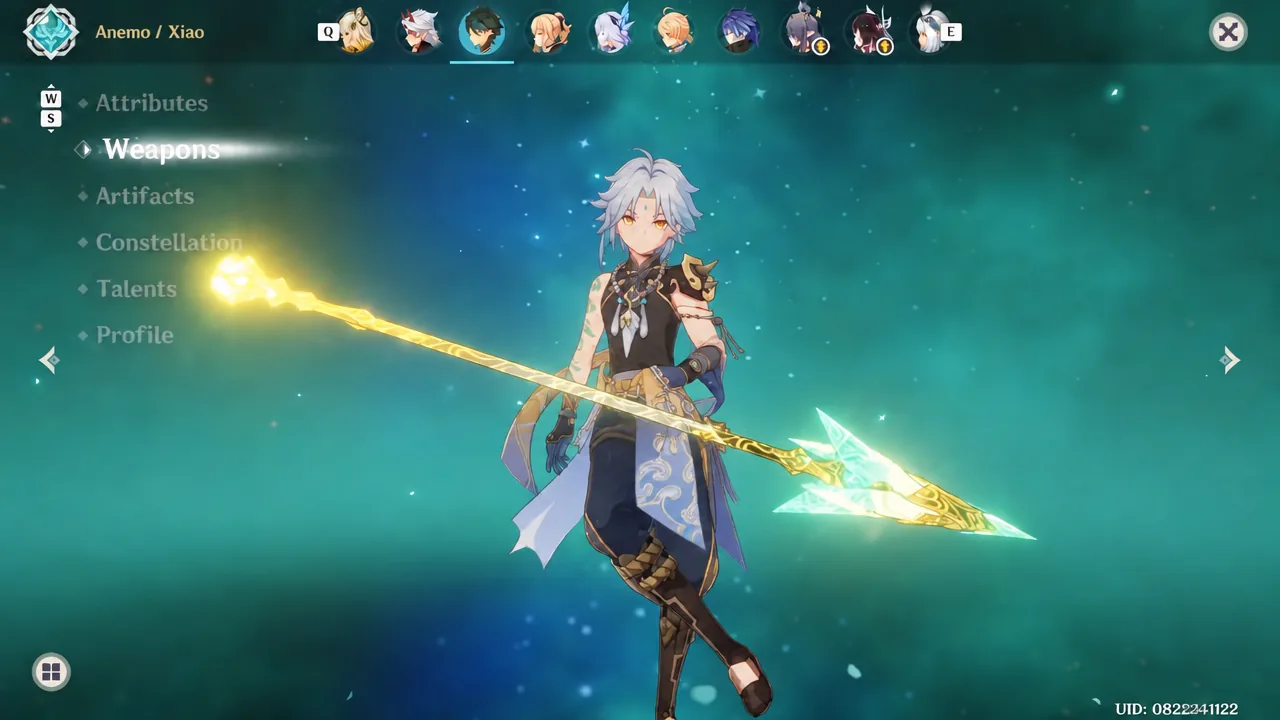 Weapons tab open on the character screen showing Xiao's equipped polearm and its refinement