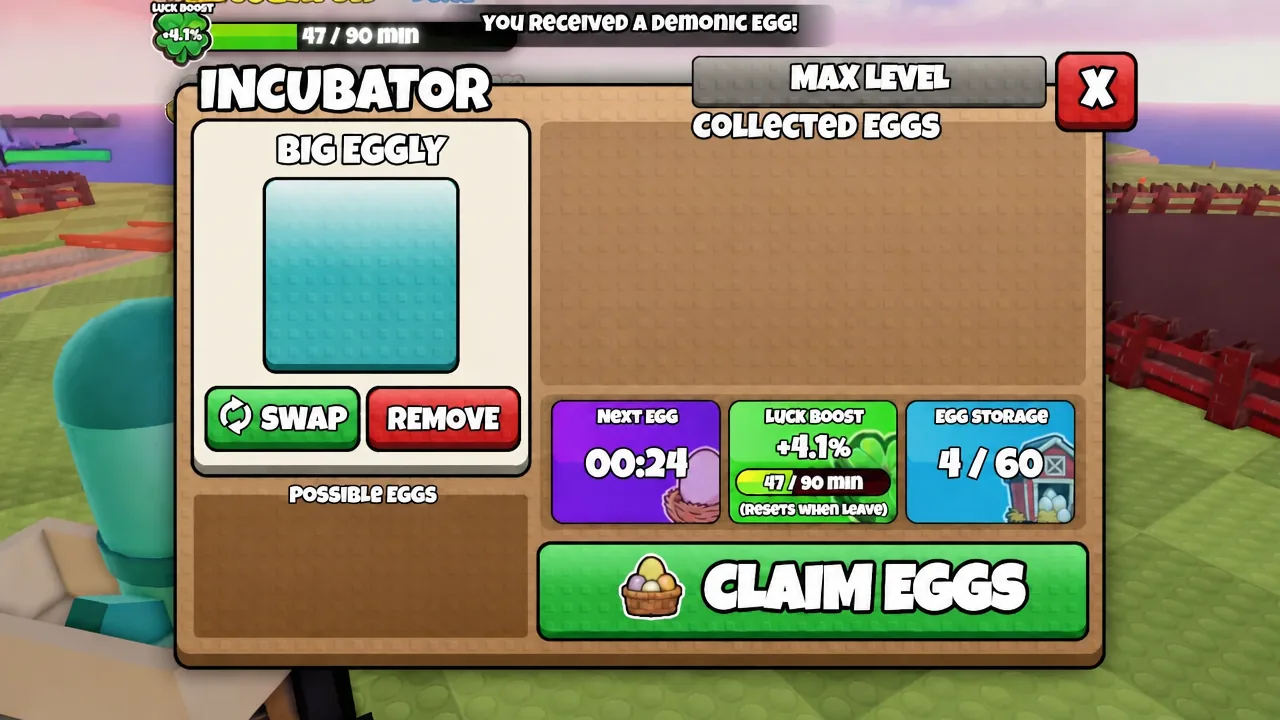Incubator screen counting down to the next egg with a Claim Eggs button