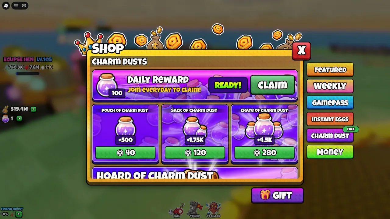 Charm Dust shop tab with the Daily Reward marked ready to claim