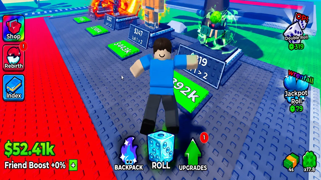 Player standing on a green purchase pad in the Anime Dice shop while upgrade prices are displayed