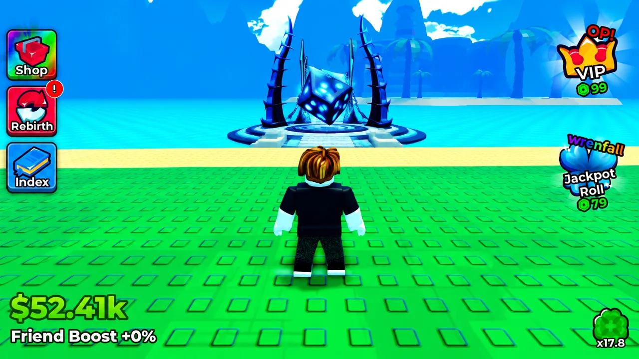 Anime Dice player character standing in front of a glowing portal with the Index button on screen