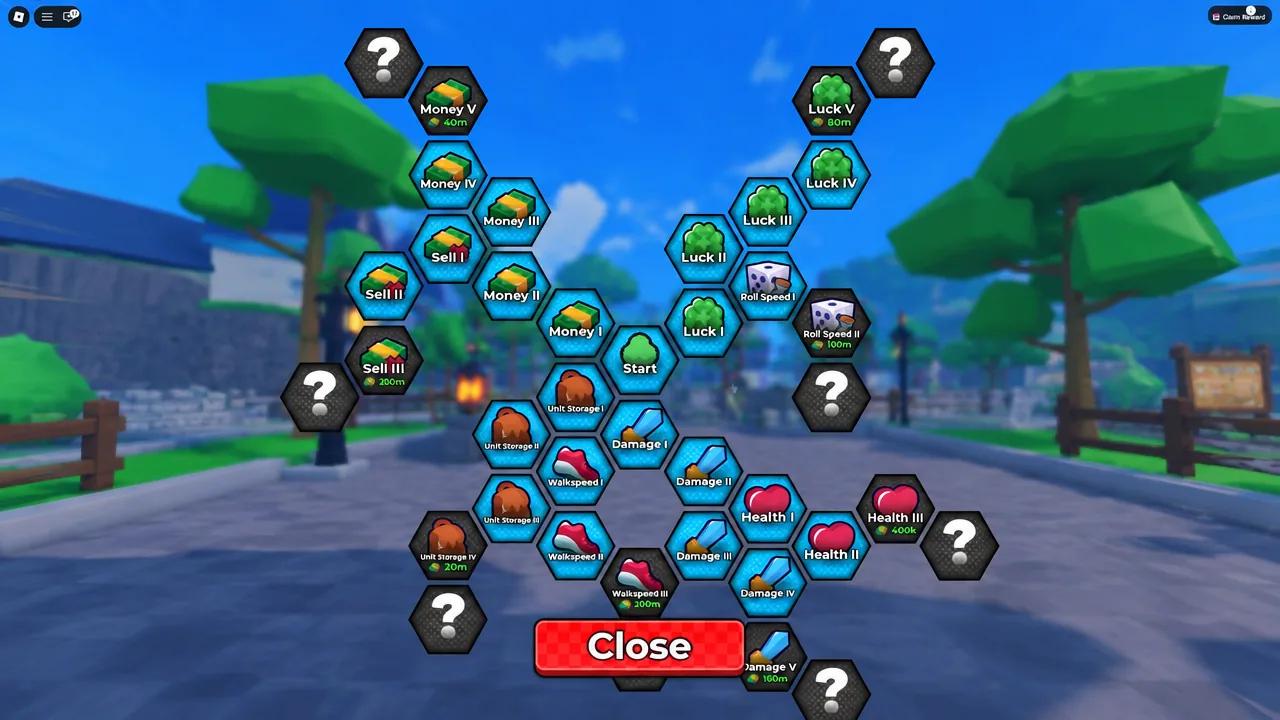 Anime Dice upgrade tree menu showing stat nodes and the red close button