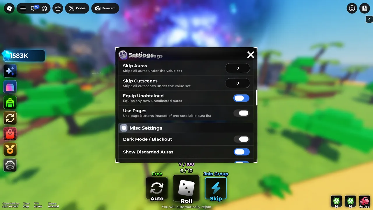 Jule's RNG settings menu showing aura collection toggles including Equip Unobtained