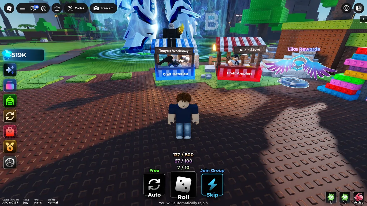 Jule's RNG hub area with the crafting vendors nearby and the Roll button on screen
