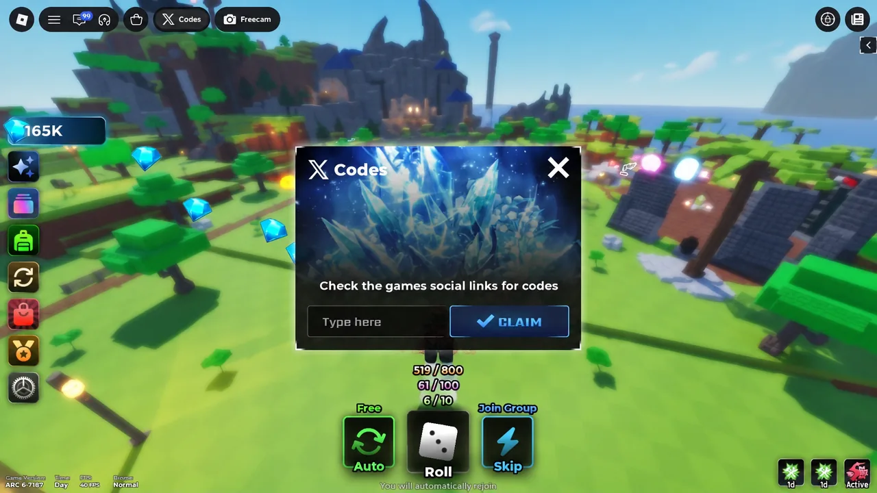 Jule's RNG Codes menu with the text entry field and CLAIM button highlighted