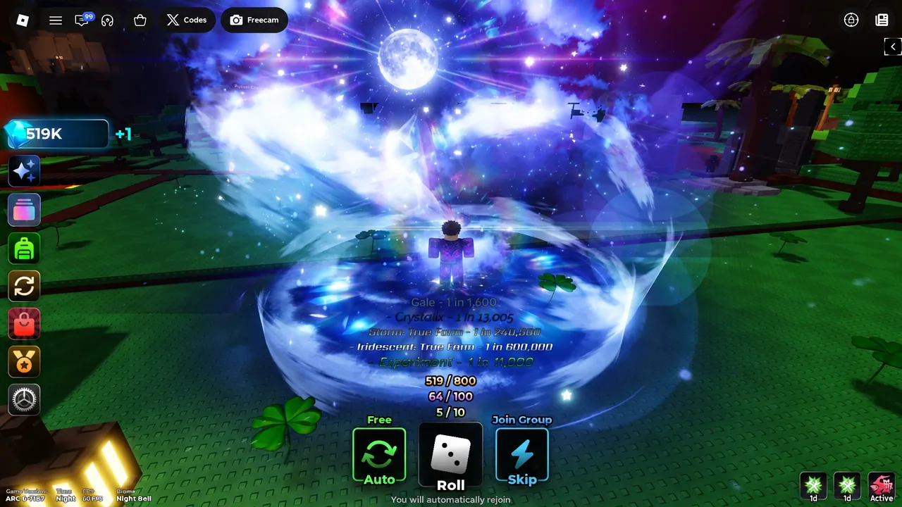 The Auto button highlighted on the roll screen as a cosmic aura surrounds the player character