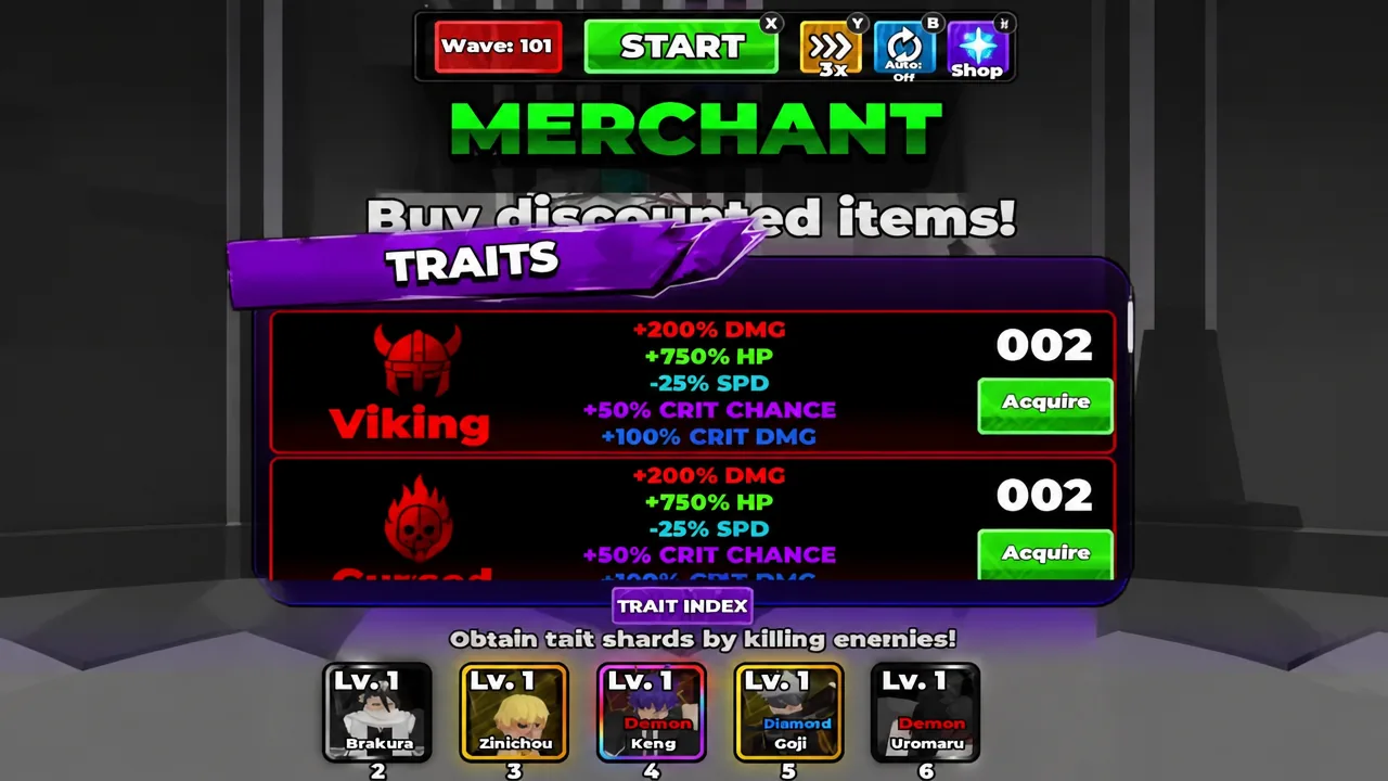 Merchant menu with the Traits tab open, showing trait entries and green Acquire buttons