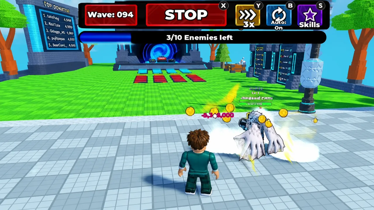Roll Anime to Fight combat screen on wave 094 with three of ten enemies left and the red STOP button visible