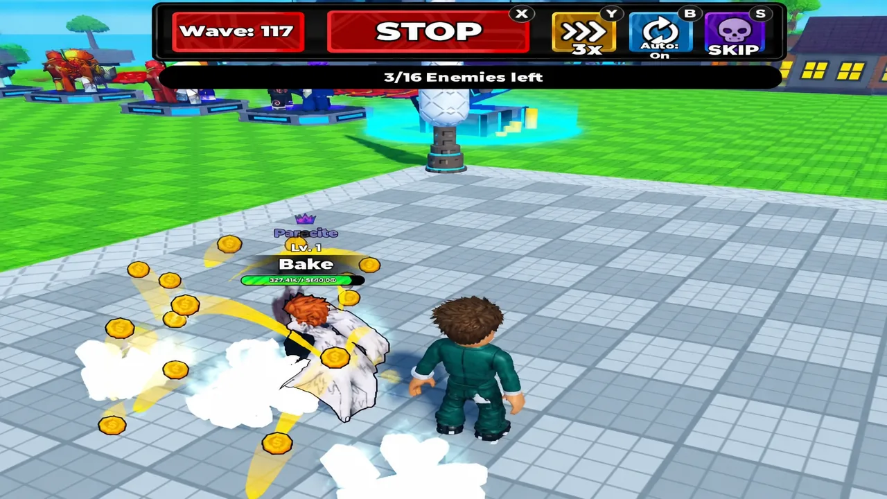 Wave 117 battle screen in Roll Anime to Fight showing three of sixteen enemies remaining