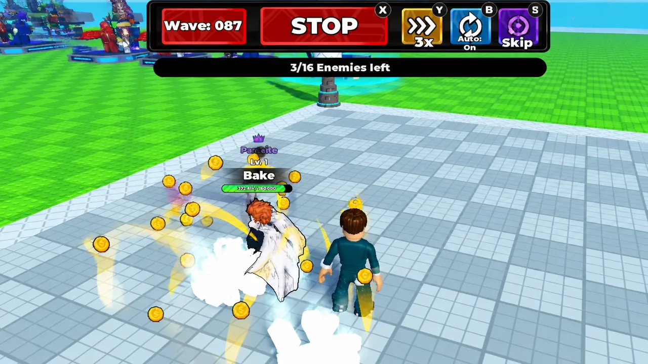 Roll Anime to Fight battle screen during an active wave with the red STOP button visible