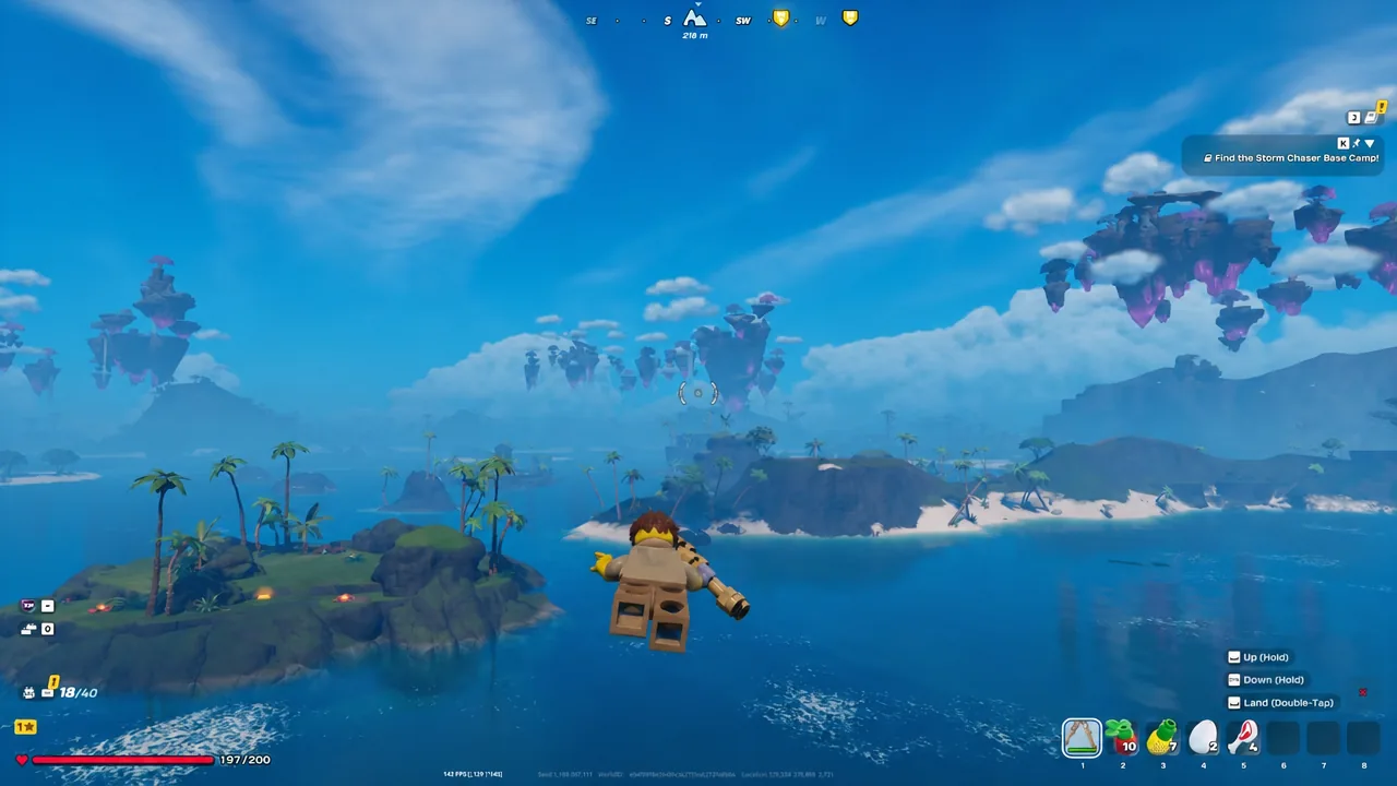Player gliding toward a quest objective with the Land double-tap prompt visible on screen