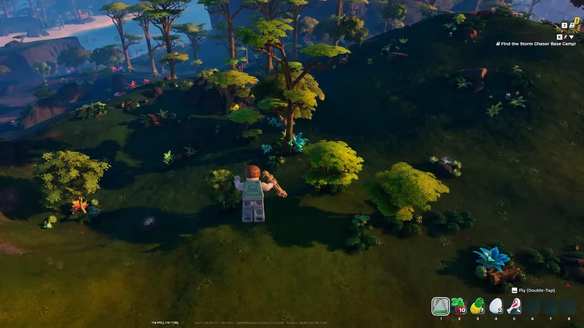 Player flying toward the Find the Storm Chaser Base Camp objective marker in LEGO Fortnite Odyssey