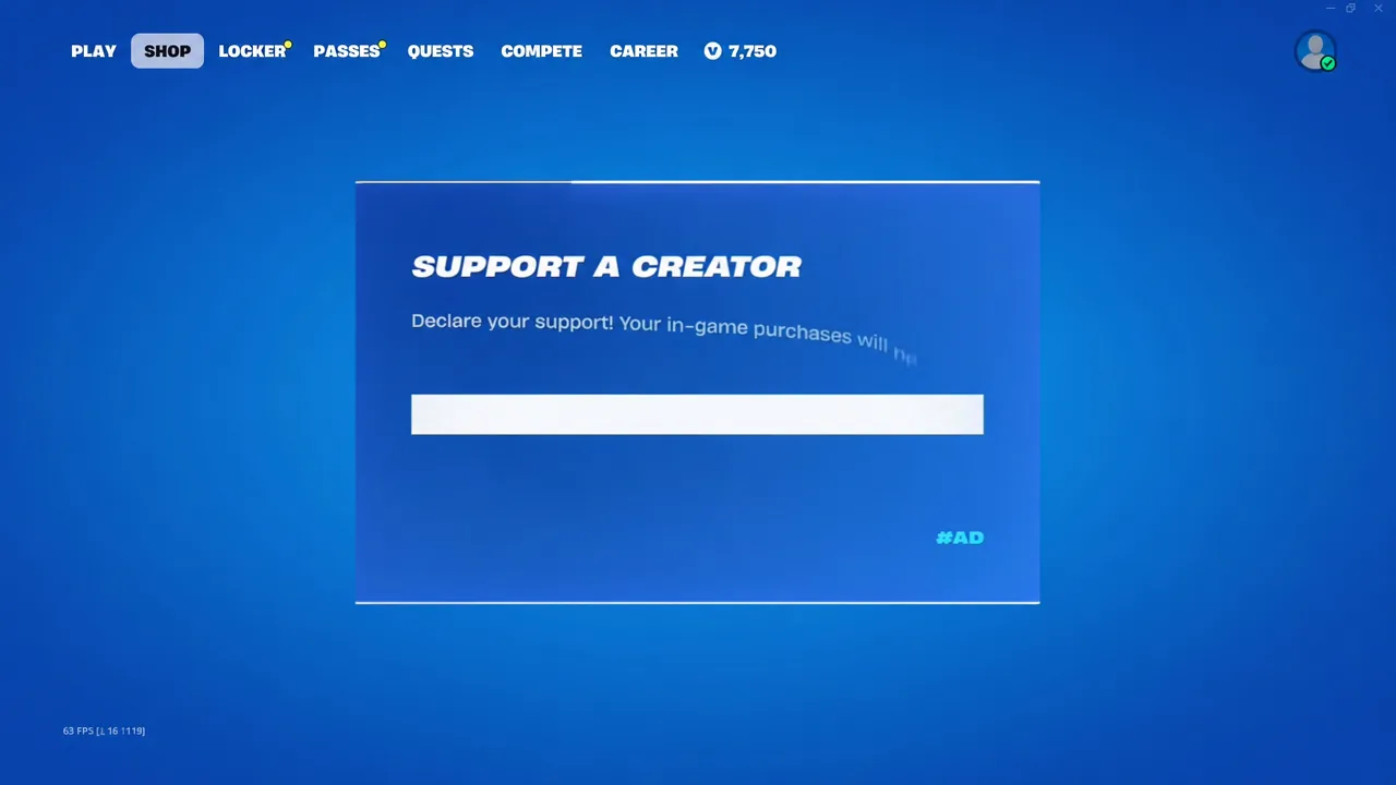 Fortnite item shop showing the Support a Creator dialog with the creator-code field highlighted