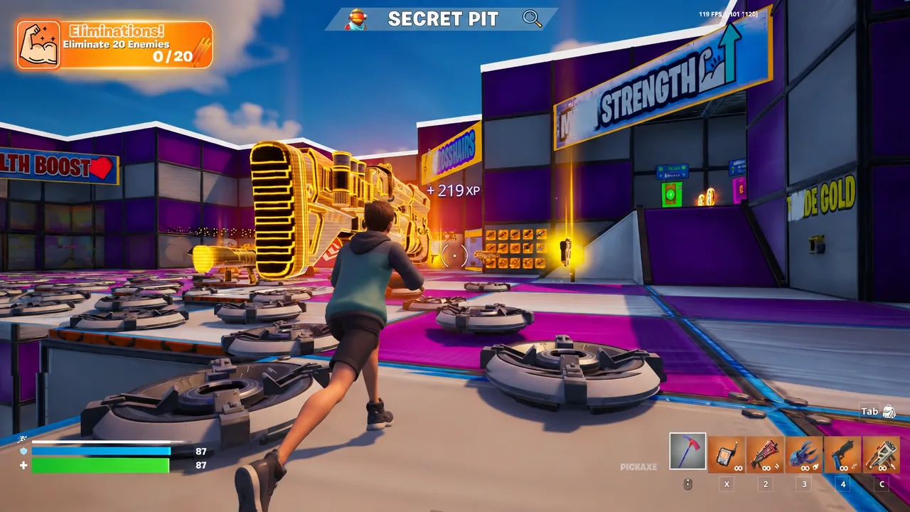 Secret Pit arena with the Eliminations objective tracking 20 enemies on screen