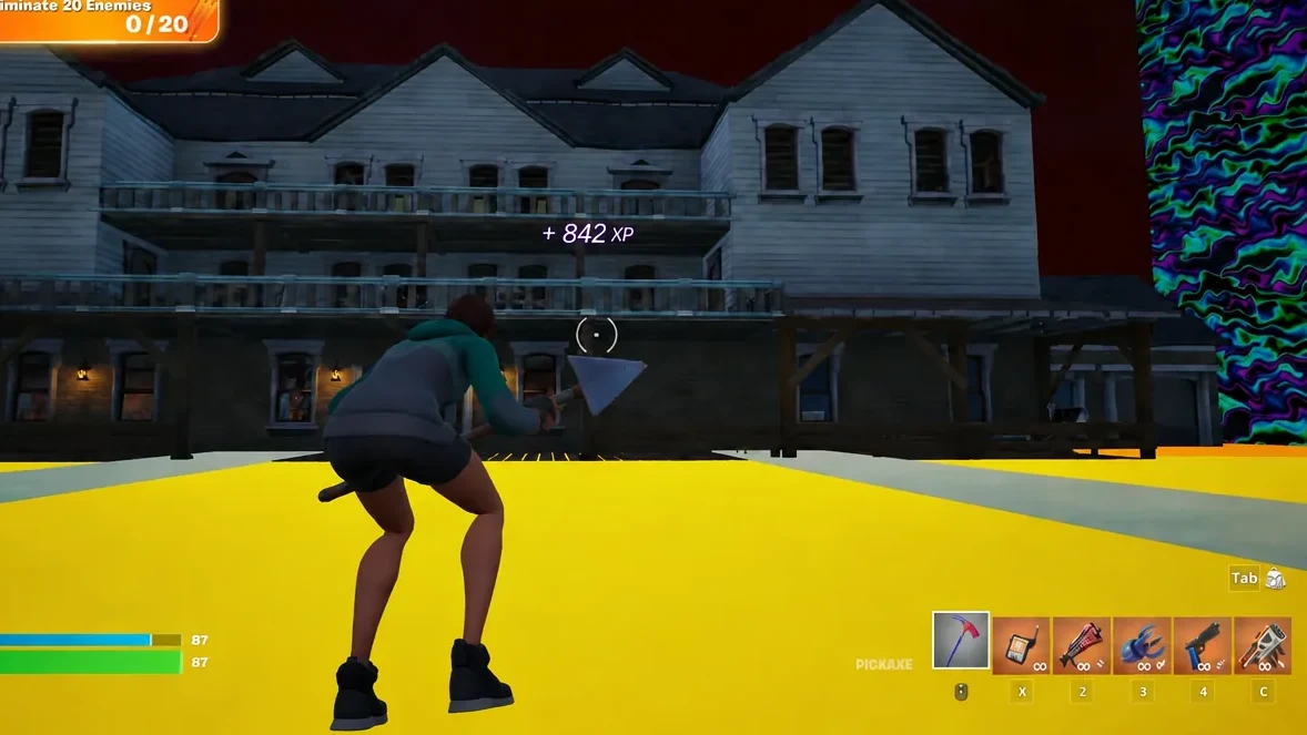 Player holding the pickaxe while moving through the mansion area with the objective tracker visible